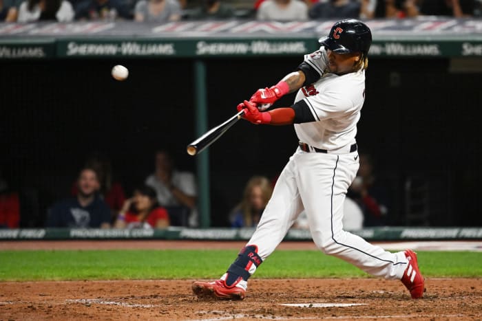 Aug 19, 2022; Cleveland, Ohio, USA; Cleveland Guardians third baseman Jose Ramirez (11) hits a home run during the sixth inning against the Chicago White Sox at Progressive Field. Mandatory Credit: Ken Blaze-USA TODAY Sports